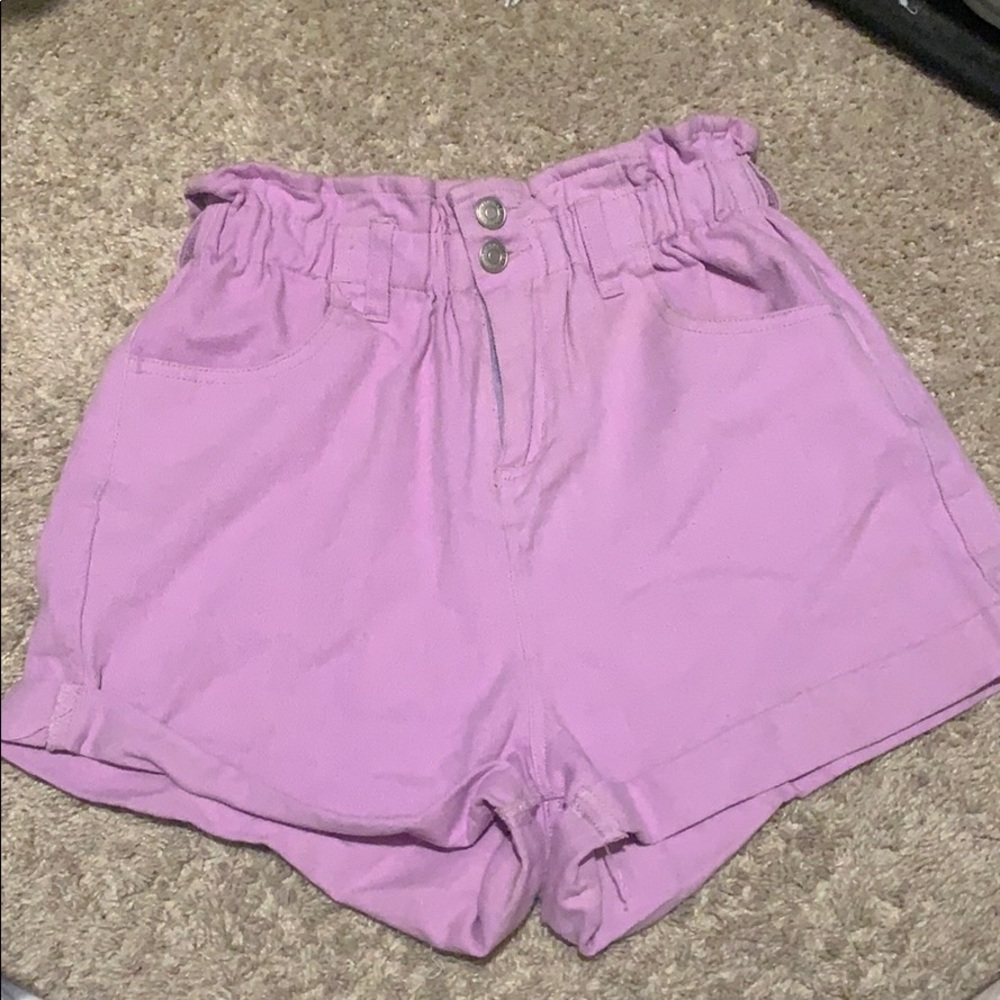 lilac high waisted paper bag shorts